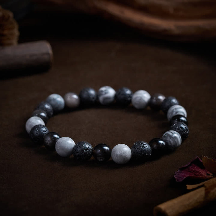 Buddha Stones Bracelet de soutien en perles de jaspe Picasso, roche de lave en obsidienne noire et jaspe Picasso - image 2