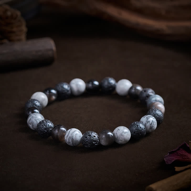 Buddha Stones Bracelet de soutien en perles de jaspe Picasso, roche de lave en obsidienne noire et jaspe Picasso - image 4