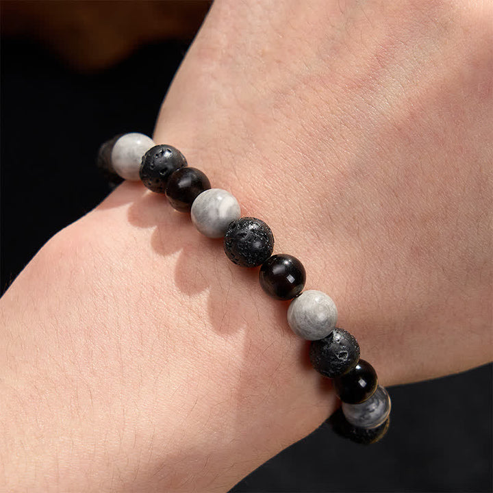 Buddha Stones Bracelet de soutien en perles de jaspe Picasso, roche de lave en obsidienne noire et jaspe Picasso - image 6