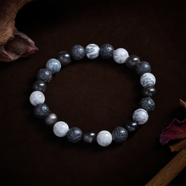 Buddha Stones Bracelet de soutien en perles de jaspe Picasso, roche de lave en obsidienne noire et jaspe Picasso - image 5