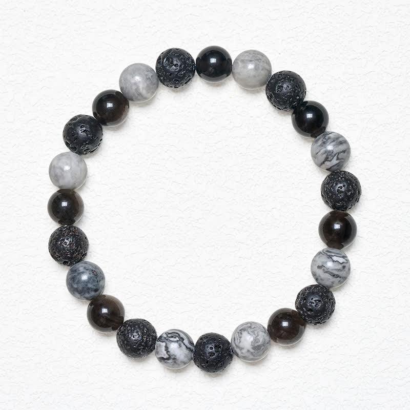 Buddha Stones Bracelet de soutien en perles de jaspe Picasso, roche de lave en obsidienne noire et jaspe Picasso - image 1