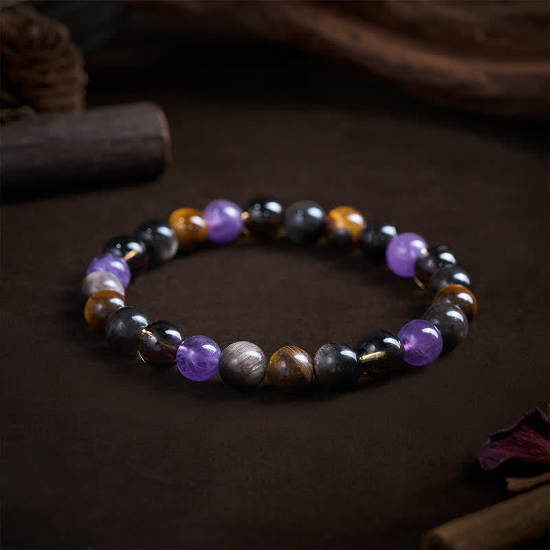 Buddha Stones Bracelet de guérison en améthyste naturelle, œil de tigre, obsidienne noire et quartz fumé - image 2