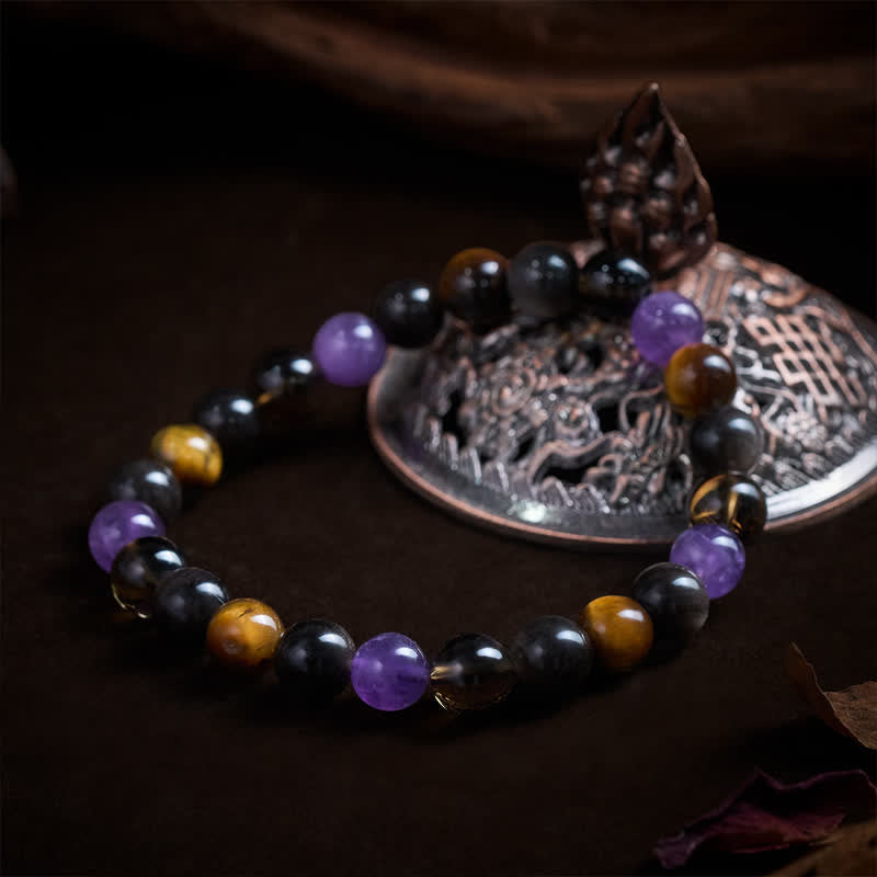 Buddha Stones Bracelet de guérison en améthyste naturelle, œil de tigre, obsidienne noire et quartz fumé - image 3