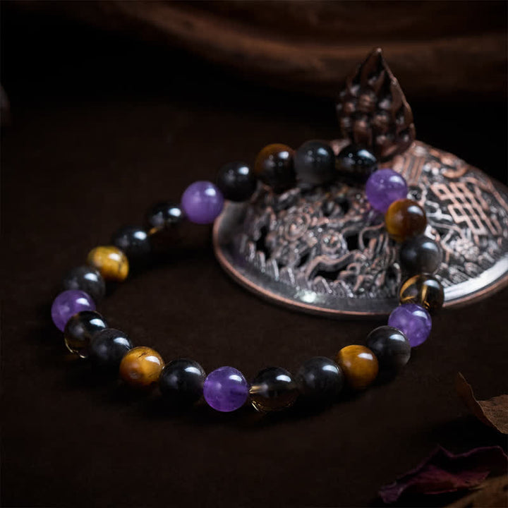 Buddha Stones Bracelet de guérison en améthyste naturelle, œil de tigre, obsidienne noire et quartz fumé - image 3