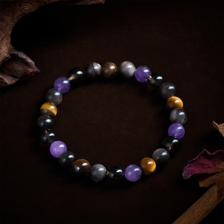 Buddha Stones Bracelet de guérison en améthyste naturelle, œil de tigre, obsidienne noire et quartz fumé - image 4