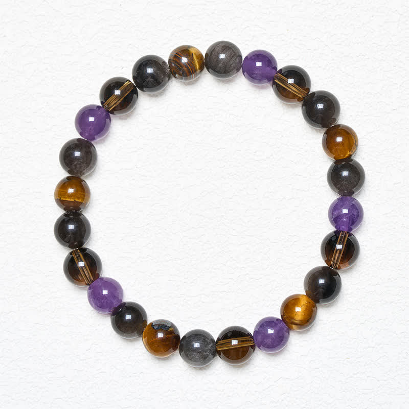 Buddha Stones Bracelet de guérison en améthyste naturelle, œil de tigre, obsidienne noire et quartz fumé - image 1