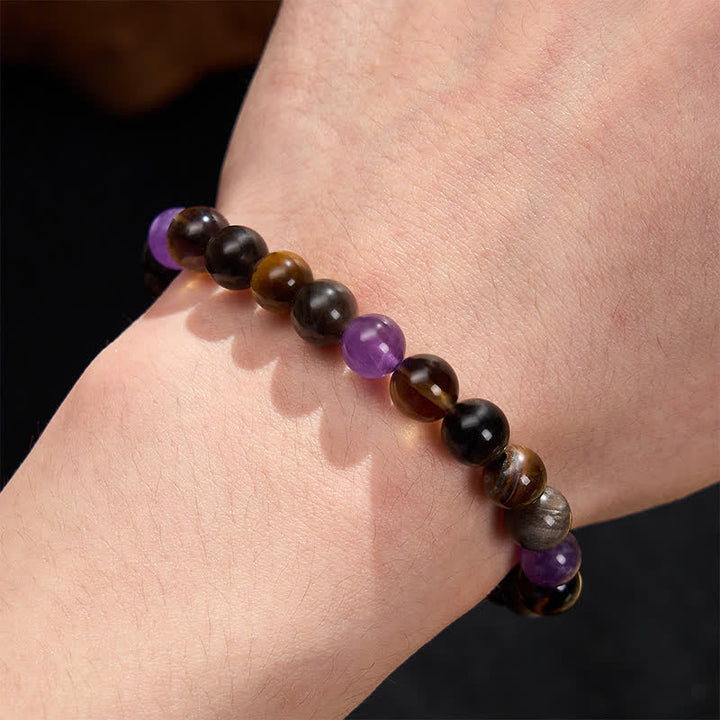 Buddha Stones Bracelet de guérison en améthyste naturelle, œil de tigre, obsidienne noire et quartz fumé - image 5