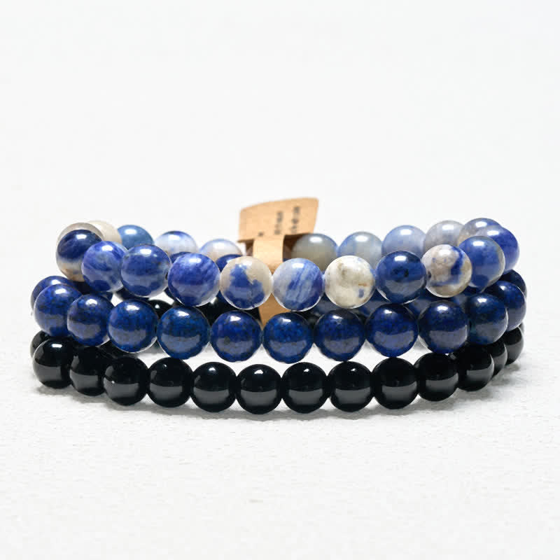 Buddha Stones Bracelet positif en perles de lazurite, lapis-lazuli, sodalite et onyx noir - 15-16 cm - image 0