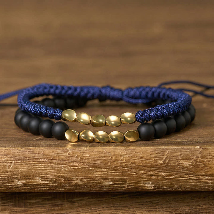Buddha Stones Bracelet en cuivre avec 2 perles de pierre naturelle dépolie - Bleu marine + Pierre givrée (Tour de poignet : 17-28 cm) - image 4
