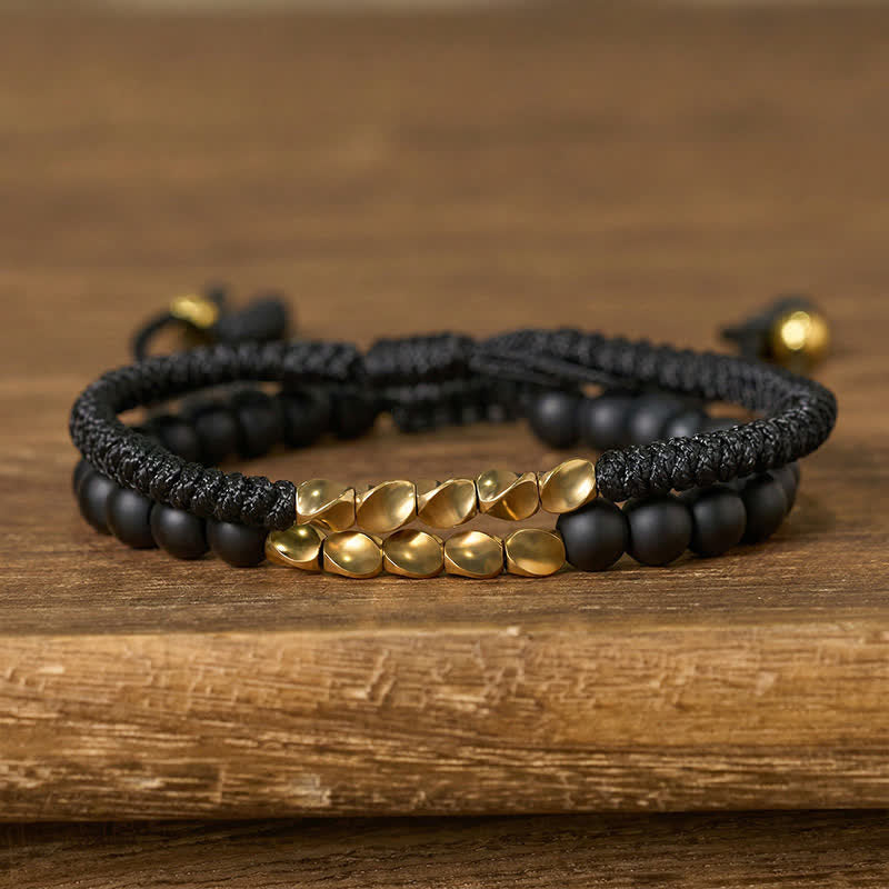 Buddha Stones Bracelet en cuivre avec 2 perles de pierre naturelle dépolie - Noir + Pierre givrée (Tour de poignet : 17-28 cm) - image 9