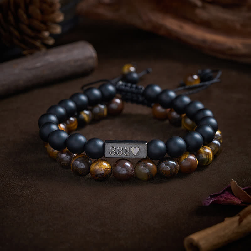 Buddha Stones Bracelet de guérison par les nombres angéliques 333 222 111 11:11 444, composé de 2 pièces de pierre givrée œil de tigre - image 1