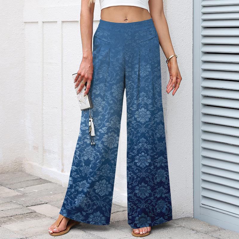 Buddha Stones Pantalon large pour femme en coton et lin à motif floral vintage, taille élastique et poches - image 1