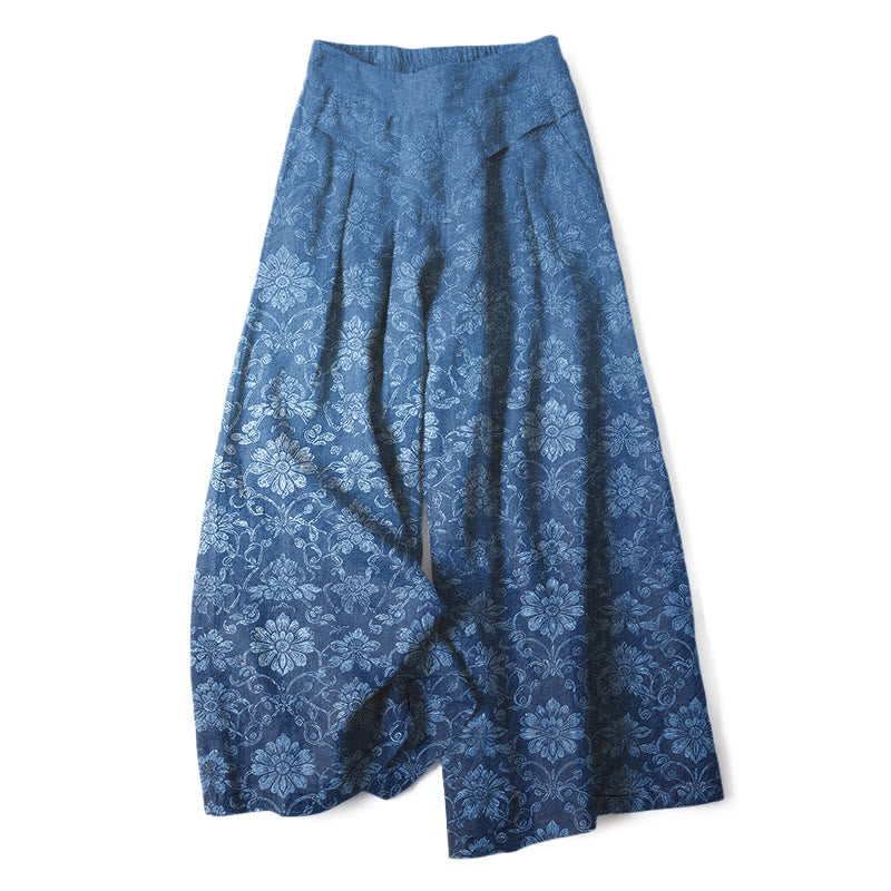 Buddha Stones Pantalon large pour femme en coton et lin à motif floral vintage, taille élastique et poches - Bleu royal - US16，UK/AU20，EU48 (3XL) - image 0