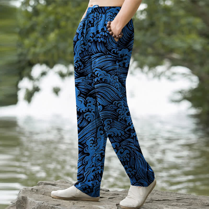 Buddha Stones Pantalon fuselé pour homme en coton à motif vagues océaniques avec poches - image 1