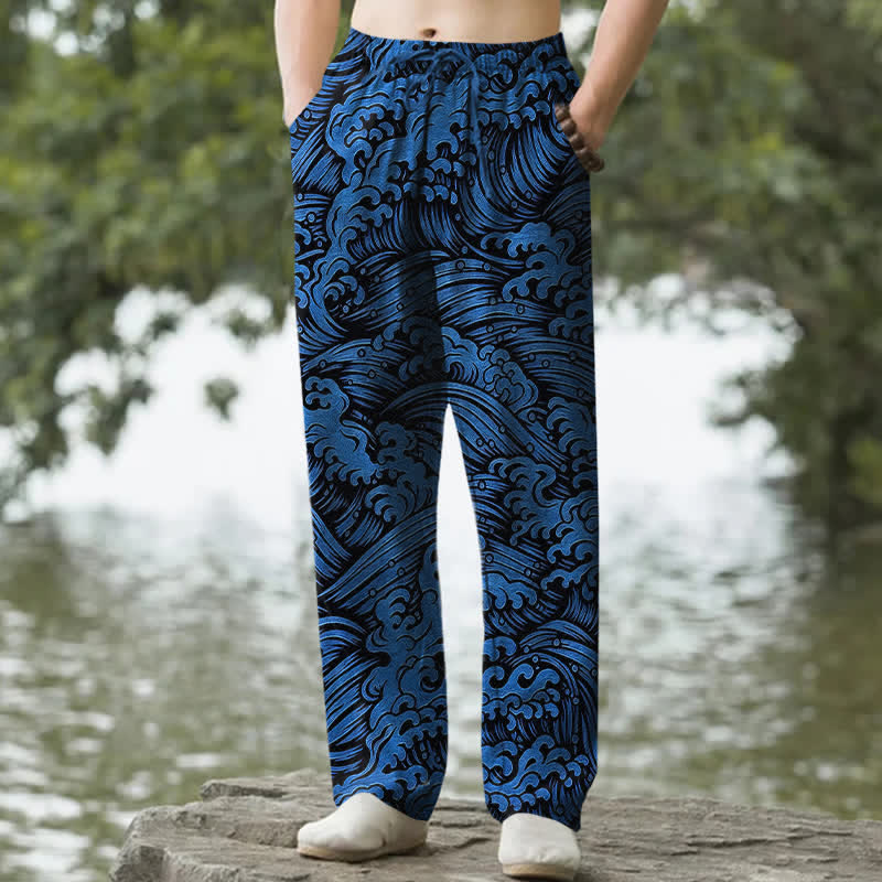 Buddha Stones Pantalon fuselé pour homme en coton à motif vagues océaniques avec poches - Bleu royal - US/UK/AU50，EU60 (5XL) - image 0