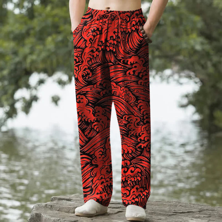 Buddha Stones Pantalon fuselé pour homme en coton à motif vagues océaniques avec poches - Cramoisi - US/UK/AU50，EU60 (5XL) - image 4