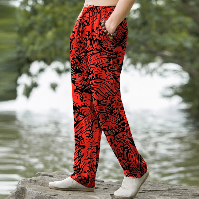 Buddha Stones Pantalon fuselé pour homme en coton à motif vagues océaniques avec poches - image 5