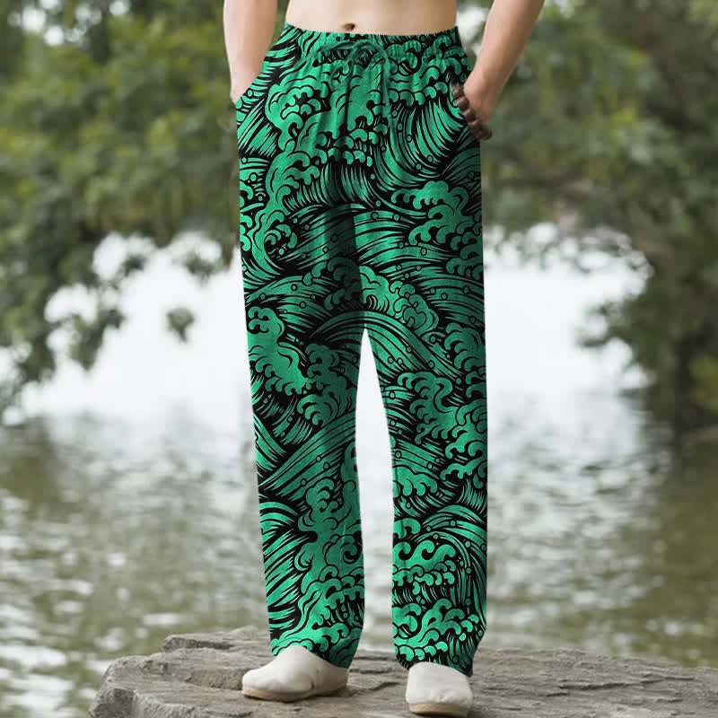 Buddha Stones Pantalon fuselé pour homme en coton à motif vagues océaniques avec poches - Vert forêt - US/UK/AU50，EU60 (5XL) - image 6