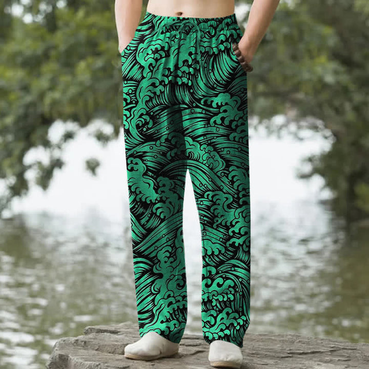 Buddha Stones Pantalon fuselé pour homme en coton à motif vagues océaniques avec poches - Vert forêt - US/UK/AU50，EU60 (5XL) - image 6