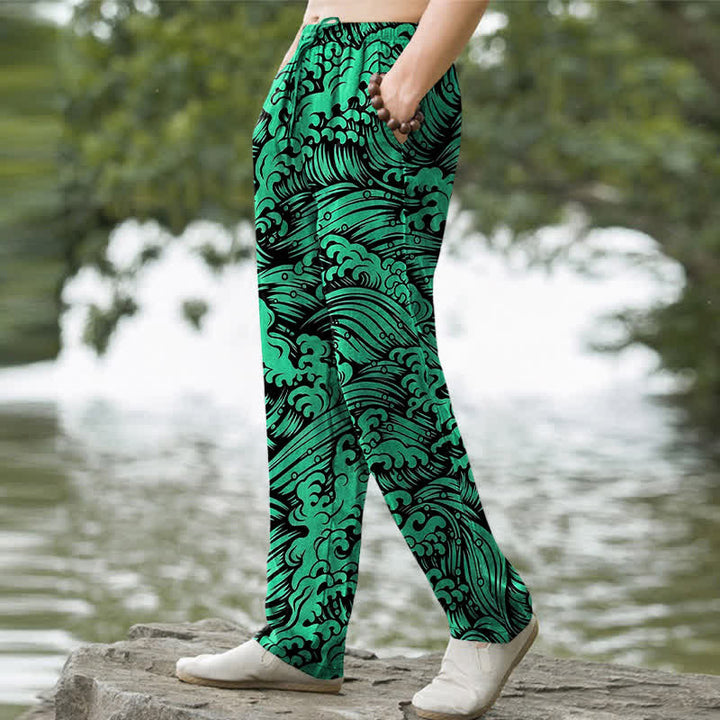 Buddha Stones Pantalon fuselé pour homme en coton à motif vagues océaniques avec poches - image 7