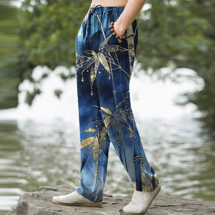 Buddha Stones Pantalon fuselé pour homme en coton à motif de feuilles de bambou dorées, avec poches - image 1