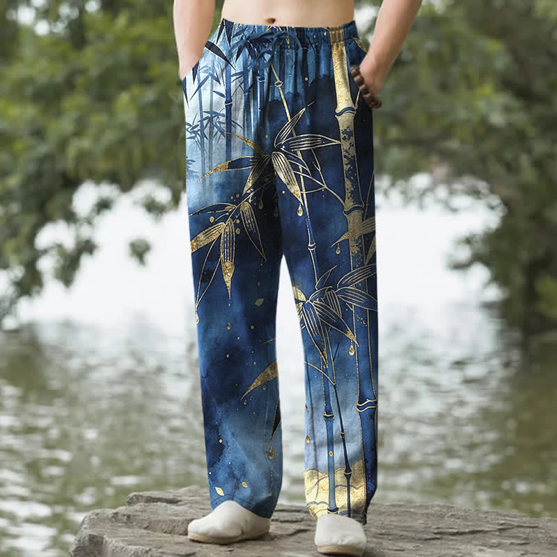 Buddha Stones Pantalon fuselé pour homme en coton à motif de feuilles de bambou dorées, avec poches - Marine - US/UK/AU50，EU60 (5XL) - image 0