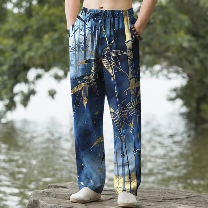 Buddha Stones Pantalon fuselé pour homme en coton à motif de feuilles de bambou dorées, avec poches - Marine - US/UK/AU50，EU60 (5XL) - image 0