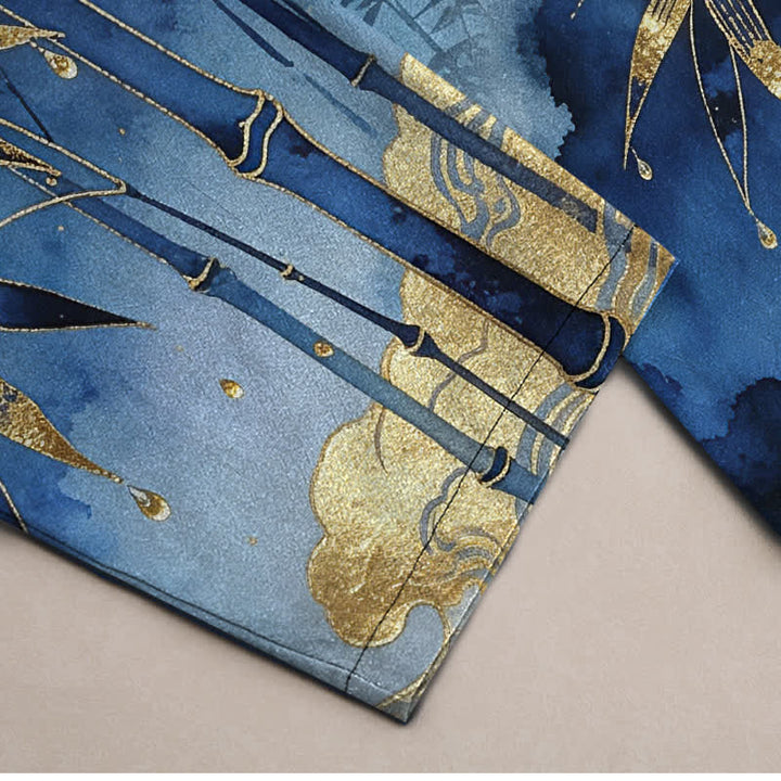 Buddha Stones Pantalon fuselé pour homme en coton à motif de feuilles de bambou dorées, avec poches - image 3