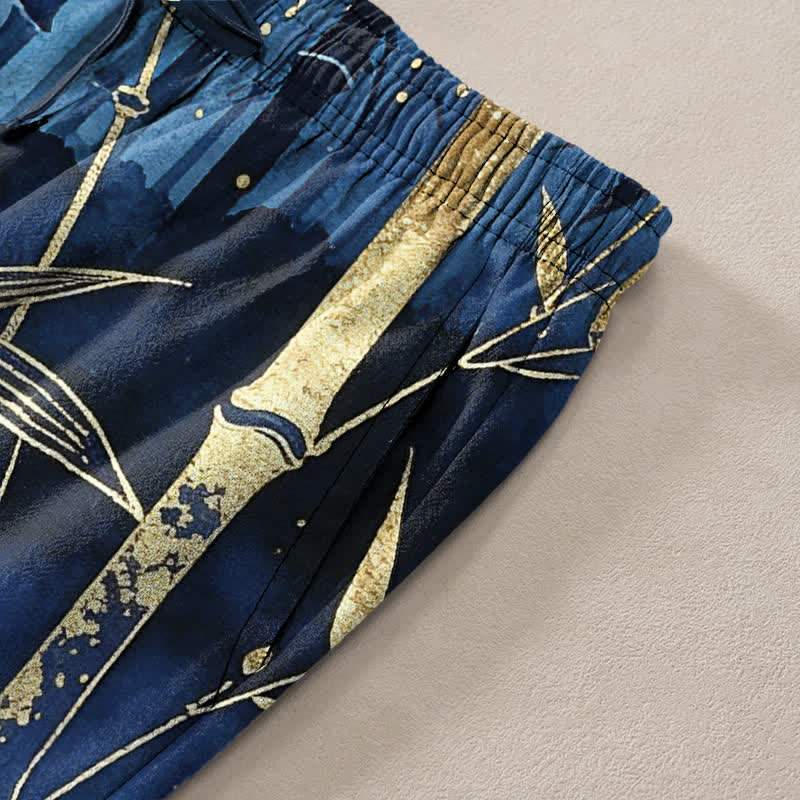 Buddha Stones Pantalon fuselé pour homme en coton à motif de feuilles de bambou dorées, avec poches - image 2