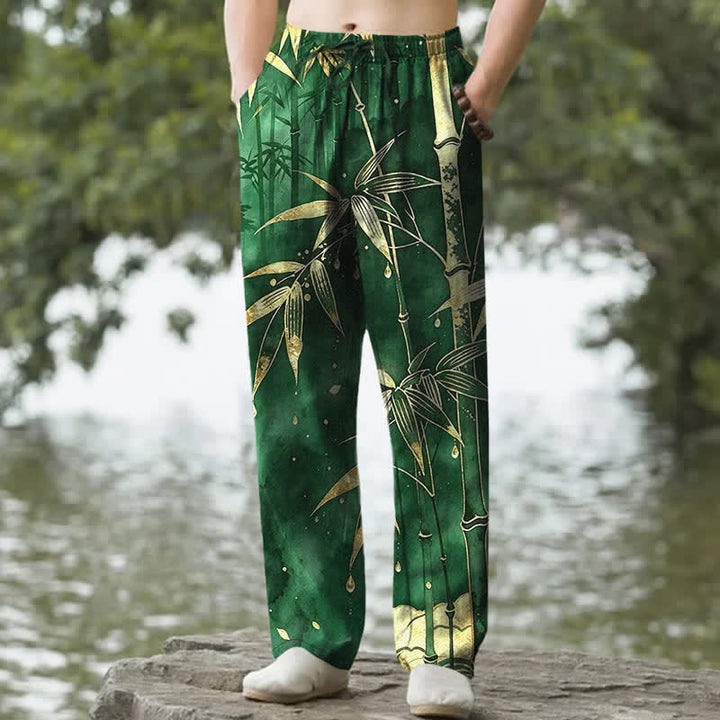 Buddha Stones Pantalon fuselé pour homme en coton à motif de feuilles de bambou dorées, avec poches - Vert forêt - US/UK/AU50，EU60 (5XL) - image 4