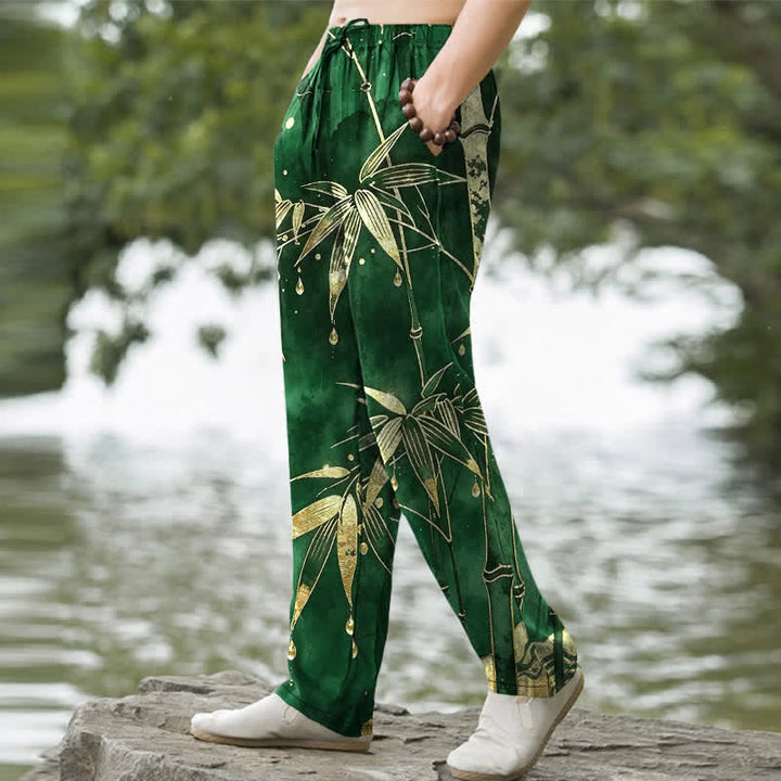 Buddha Stones Pantalon fuselé pour homme en coton à motif de feuilles de bambou dorées, avec poches - image 5
