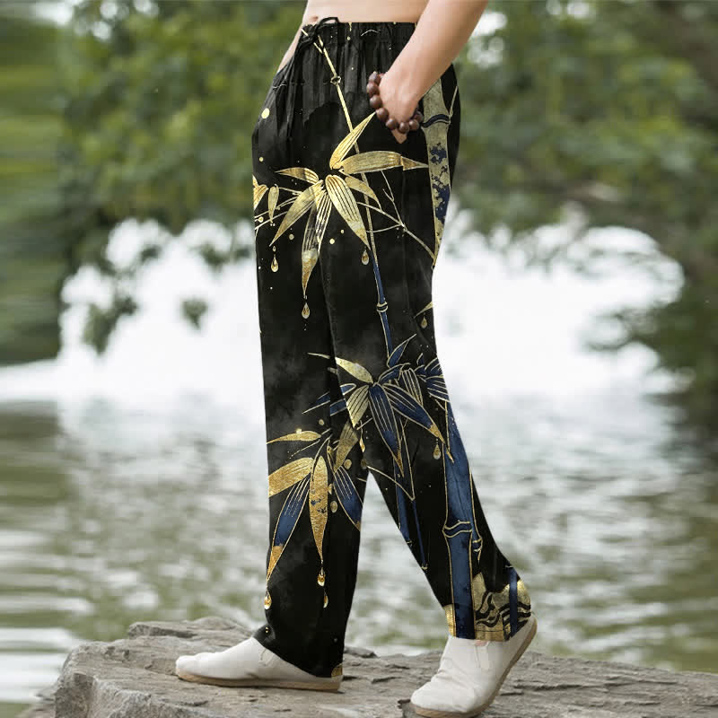 Buddha Stones Pantalon fuselé pour homme en coton à motif de feuilles de bambou dorées, avec poches - image 7