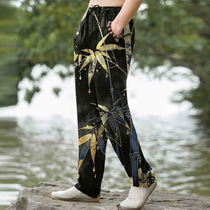 Buddha Stones Pantalon fuselé pour homme en coton à motif de feuilles de bambou dorées, avec poches - image 7