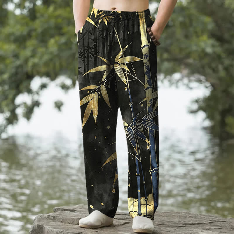 Buddha Stones Pantalon fuselé pour homme en coton à motif de feuilles de bambou dorées, avec poches - Noir - US/UK/AU50，EU60 (5XL) - image 6