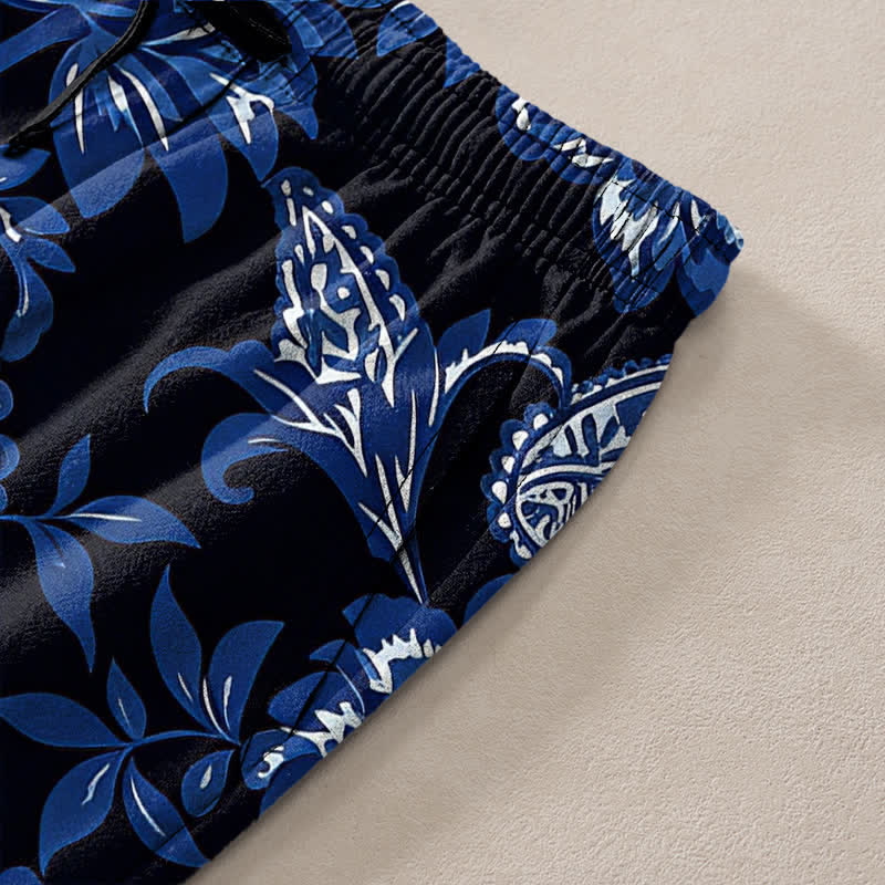 Buddha Stones Pantalon fuselé pour homme en coton bleu à motif floral cachemire, avec poches - image 2