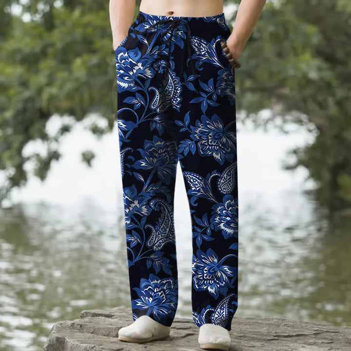 Buddha Stones Pantalon fuselé pour homme en coton bleu à motif floral cachemire, avec poches - Noir - US/UK/AU50，EU60 (5XL) - image 0