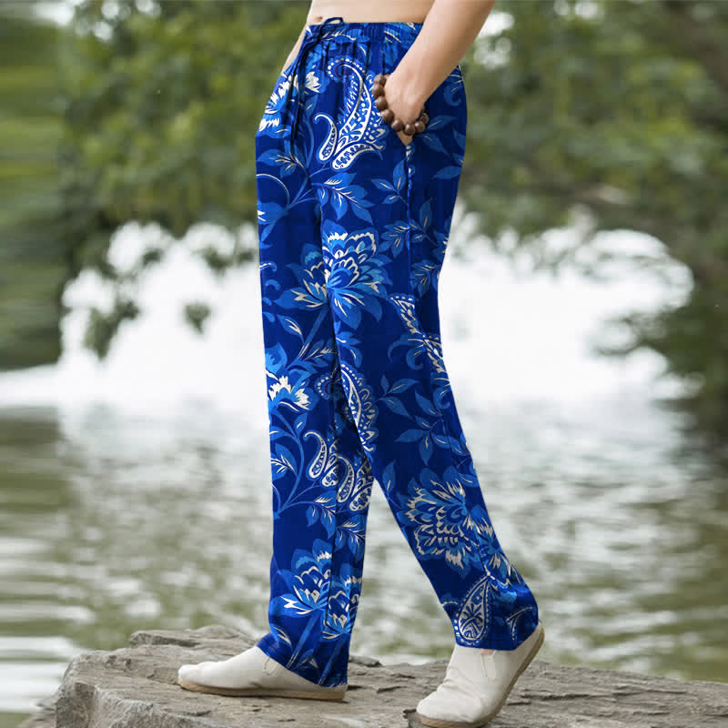 Buddha Stones Pantalon fuselé pour homme en coton bleu à motif floral cachemire, avec poches - image 5