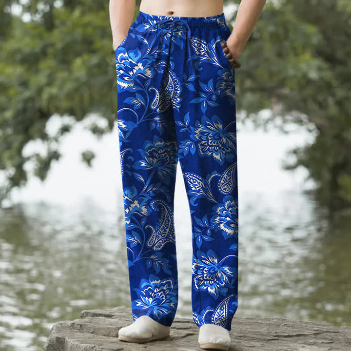 Buddha Stones Pantalon fuselé pour homme en coton bleu à motif floral cachemire, avec poches - Bleu royal - US/UK/AU50，EU60 (5XL) - image 4