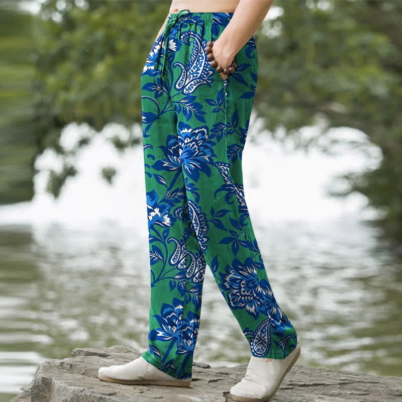 Buddha Stones Pantalon fuselé pour homme en coton bleu à motif floral cachemire, avec poches - image 7
