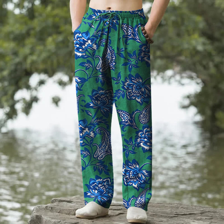 Buddha Stones Pantalon fuselé pour homme en coton bleu à motif floral cachemire, avec poches - Vert mer moyen - US/UK/AU50，EU60 (5XL) - image 6
