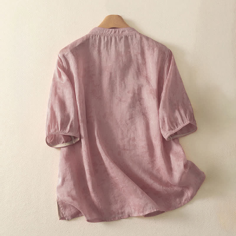 Buddha Stones Chemise à manches courtes pour femme, style Tang, broderie florale, col mandarin, couleur unie - image 12