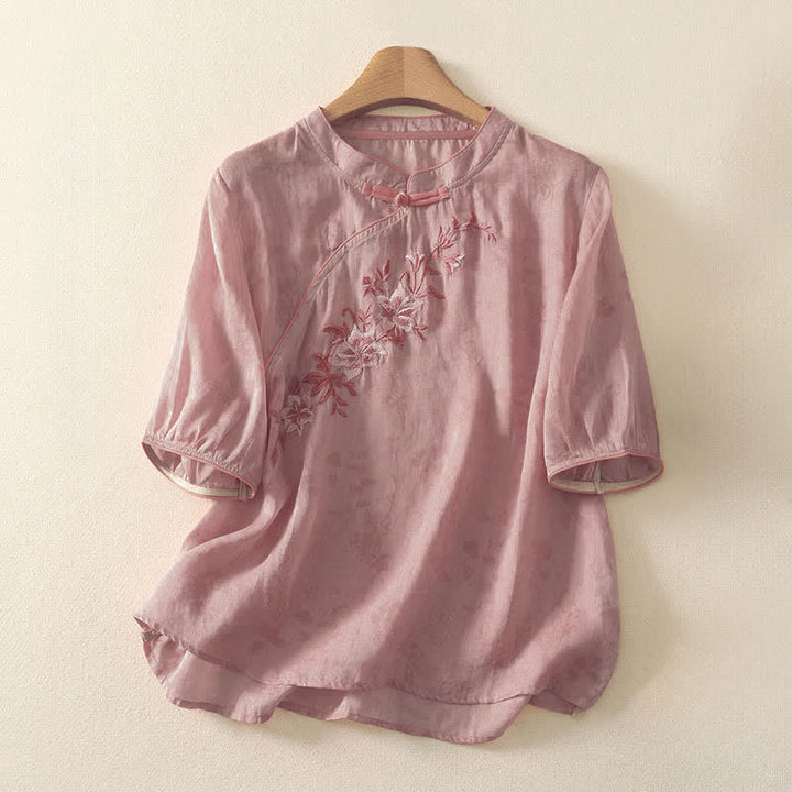 Buddha Stones Chemise à manches courtes pour femme, style Tang, broderie florale, col mandarin, couleur unie - PeachPuff - US8-10，UK/AU12-14，EU40-42 (2XL) - image 11
