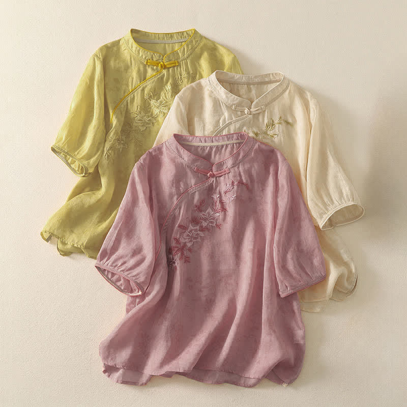 Buddha Stones Chemise à manches courtes pour femme, style Tang, broderie florale, col mandarin, couleur unie - image 21
