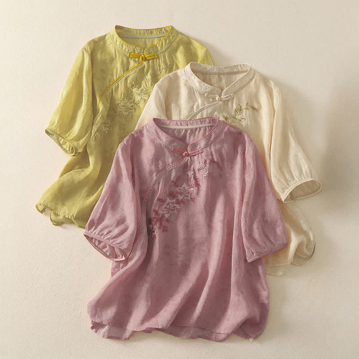 Buddha Stones Chemise à manches courtes pour femme, style Tang, broderie florale, col mandarin, couleur unie - image 21