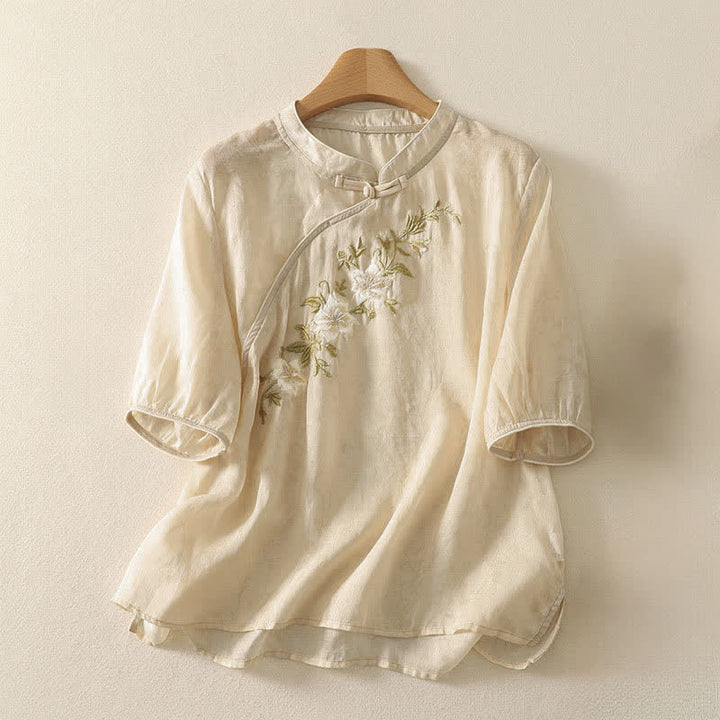 Buddha Stones Chemise à manches courtes pour femme, style Tang, broderie florale, col mandarin, couleur unie - Beige - US8-10，UK/AU12-14，EU40-42 (2XL) - image 6