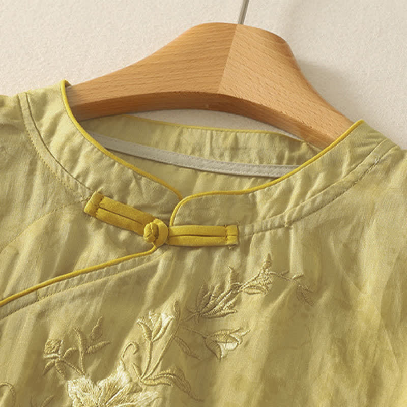 Buddha Stones Chemise à manches courtes pour femme, style Tang, broderie florale, col mandarin, couleur unie - image 1