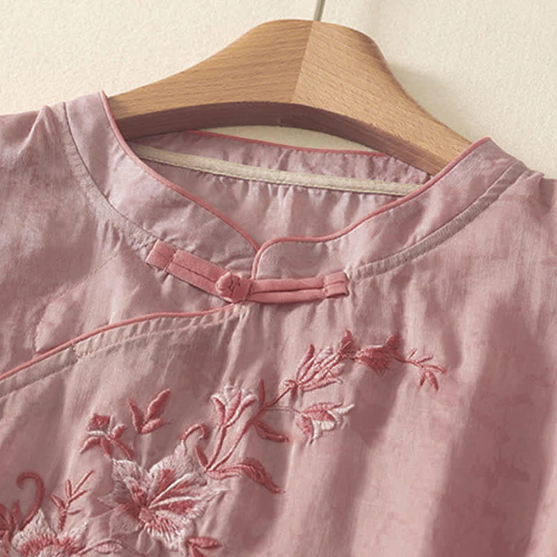 Buddha Stones Chemise à manches courtes pour femme, style Tang, broderie florale, col mandarin, couleur unie - image 13