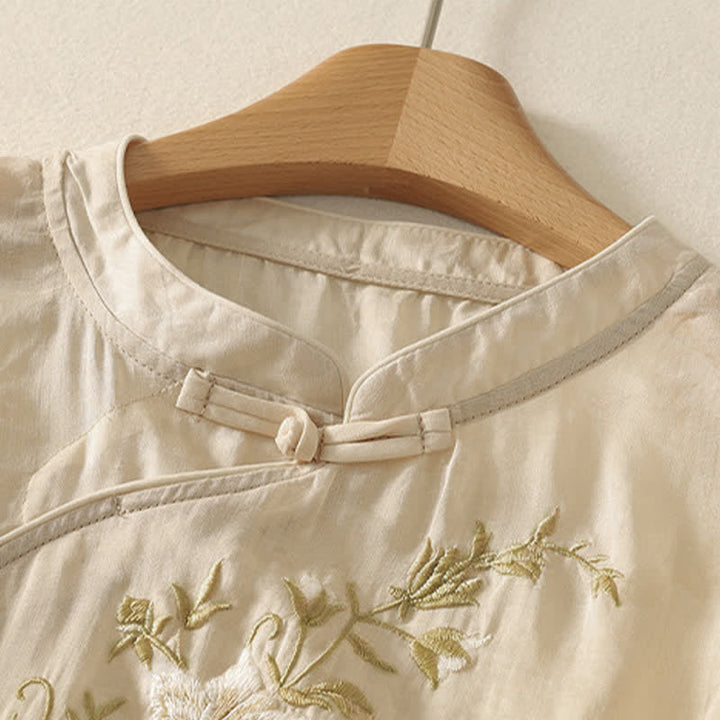 Buddha Stones Chemise à manches courtes pour femme, style Tang, broderie florale, col mandarin, couleur unie - image 7