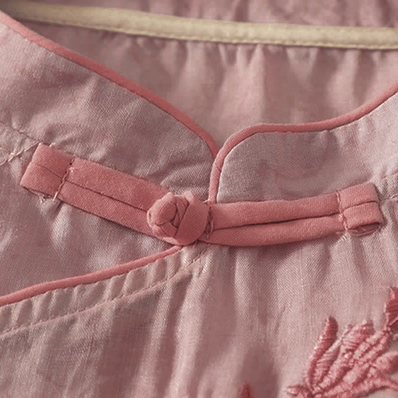 Buddha Stones Chemise à manches courtes pour femme, style Tang, broderie florale, col mandarin, couleur unie - image 16