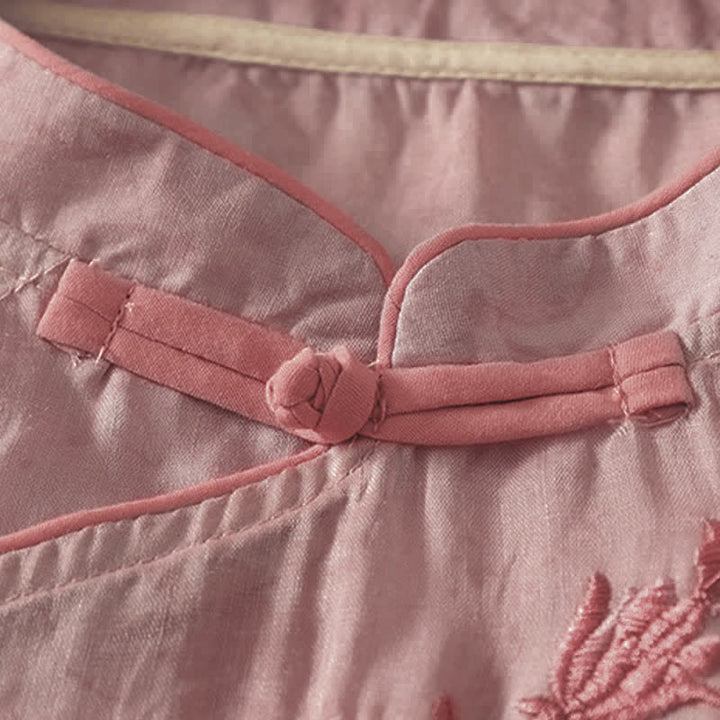Buddha Stones Chemise à manches courtes pour femme, style Tang, broderie florale, col mandarin, couleur unie - image 16